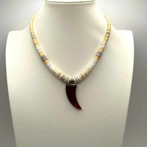 Vintage Shell Heishi Bead Necklace Carnelian Claw Pendant Tribal Boho 16 - Picture 2 of 14